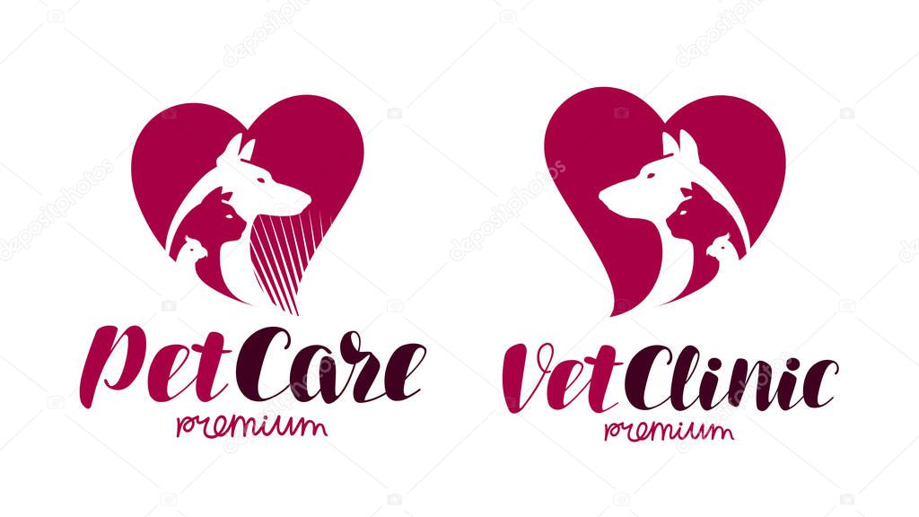 Vet clinic, pet shop logo. Animals, dog, cat, parrot icon or label. Vector illustration isolated on white background
