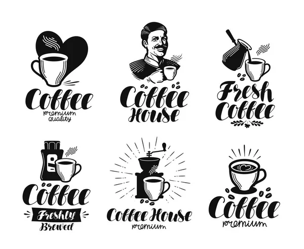 Kaffee, Espresso-Etikettenset vorhanden. Café, Kaffeehaus, Cafeteria, Heißgetränk Symbol oder Logo. Beschriftungsvektorillustration — Stockvektor