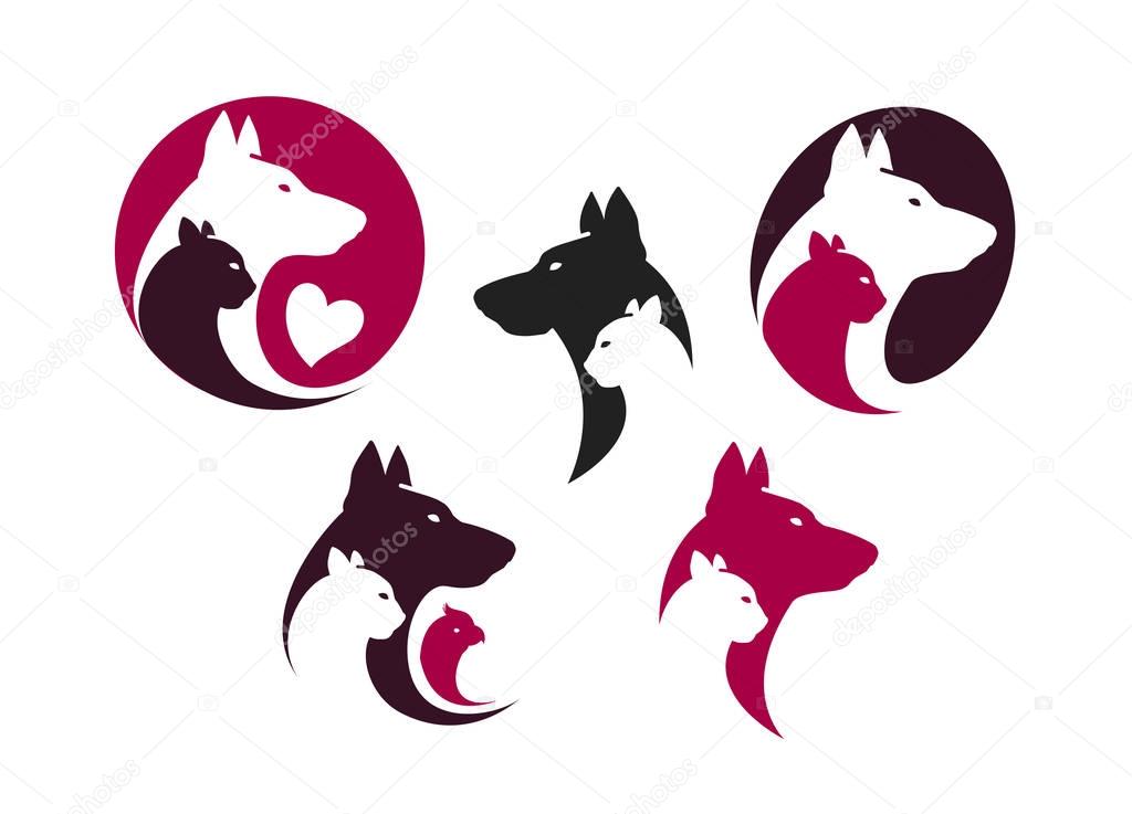 Pet shop label set. Animals, dog, cat, parrot icon or logo. Vector illustration isolated on white background
