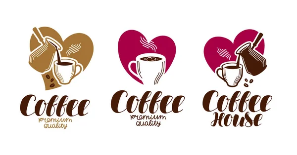 Koffie, koffiehuis label set. Café, cafetaria, warme drank logo of pictogram. Handgeschreven letters vectorillustratie — Stockvector
