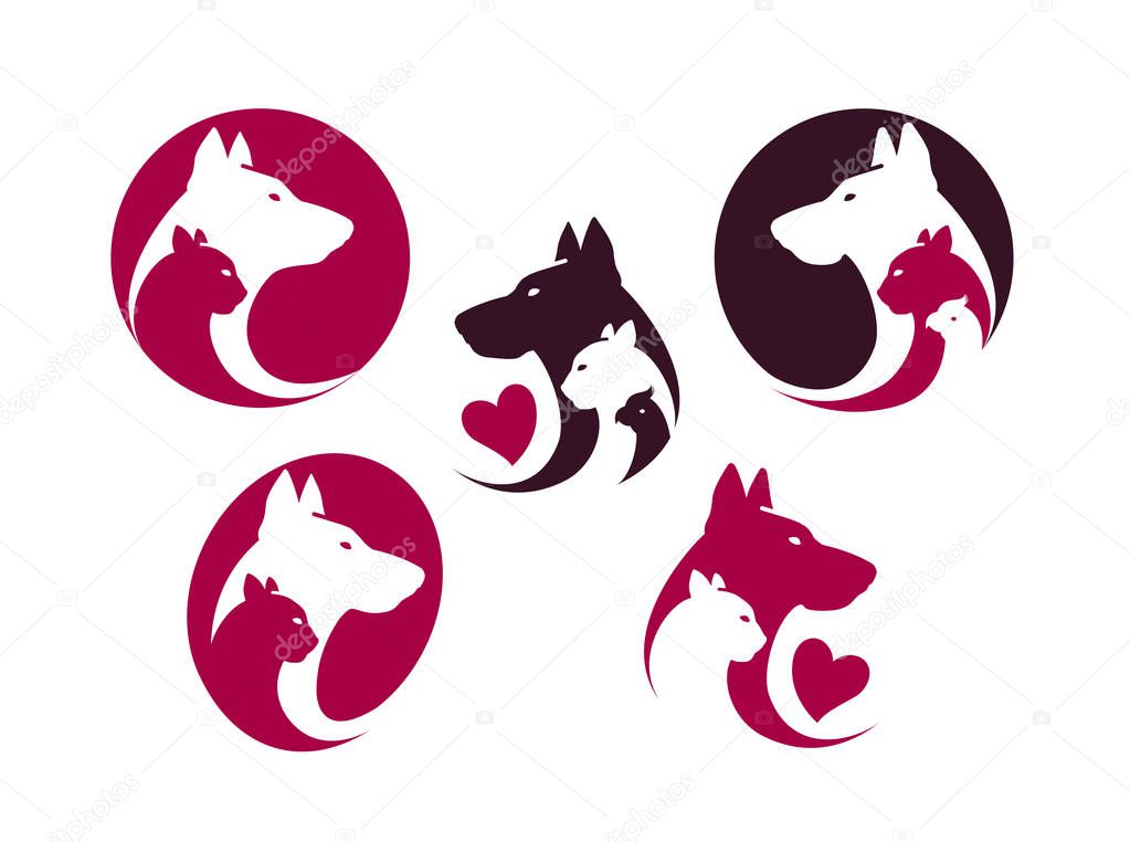 Pet shop, label set. Animals, cat, dog, parrot icon or logo. Vector illustration