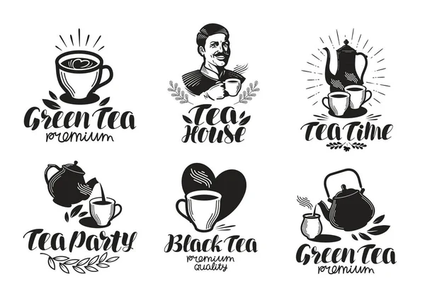 Tea label set. Drink, teapot icon or logo. Handwritten lettering vector illustration — Stock Vector