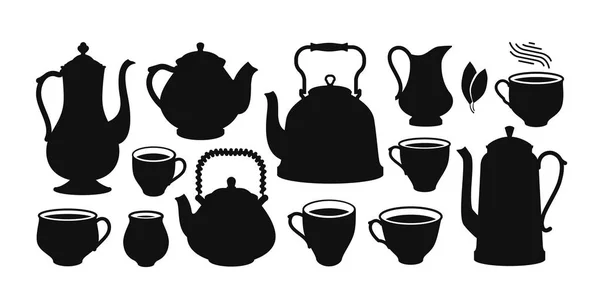 Coffret thé, silhouette. Bouilloire, théière, tasse, icône ou symbole de crème. Illustration vectorielle — Image vectorielle