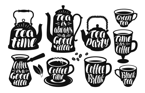 Tea, coffee label set. Vintage kettle, teapot, cup, teacup, hot drink, turk icon or logo. Lettering, calligraphy vector illustration — Stock Vector