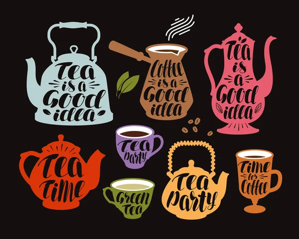 Drinken, thee, koffie label set. Collectie decoratieve elementen voor menu restaurant of café. Belettering, kalligrafie vector illustratie — Stockvector