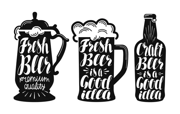 Cerveza, etiqueta de cerveza. Cerveza, bebida, taza, icono de la botella o símbolo. Ilustración vectorial de letras manuscritas — Archivo Imágenes Vectoriales