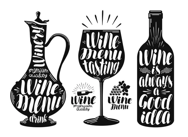 Vin, ensemble d'étiquettes de cave. Carafe, boisson, verre, icône de bouteille ou logo. Illustration vectorielle de lettrage manuscrit — Image vectorielle