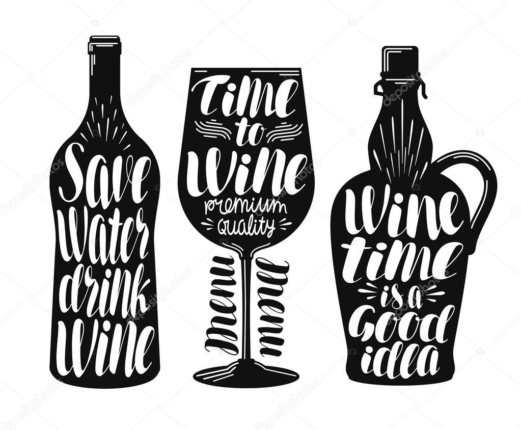 Wine, winery label set. Collection decorative elements for menu restaurant or cafe, bar. Lettering, calligraphy vector illustration