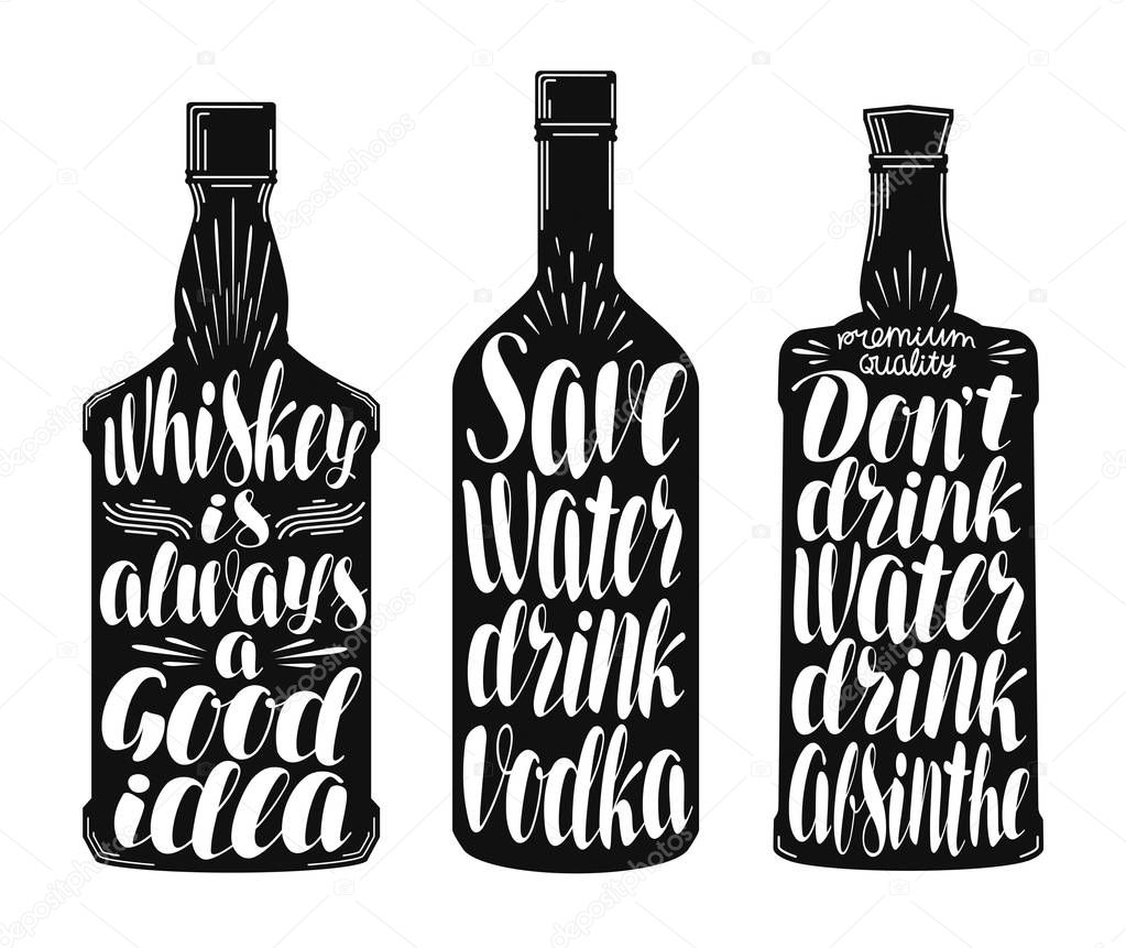 Drinks, alcoholic beverages label set. Whiskey bottle, vodka, absinthe icon or symbol. Handwritten lettering vector illustration