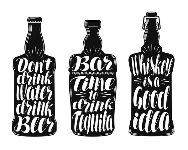 Bebida alcohólica, juego de etiquetas de bebidas. Colección de elementos decorativos para menú restaurante o pub, bar. Letras, caligrafía vector ilustración — Vector de stock