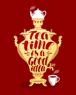 Çay semaver afiş. Menü restoran ve kafe şablon için tasarım. Yazı vektör çizim