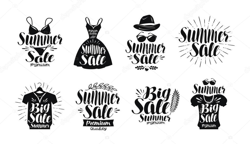 Summer sale, label set. Fashion, boutique, clothes shop, shopping icon or logo. Handwritten lettering, calligraphy vector illustration isolated on white background