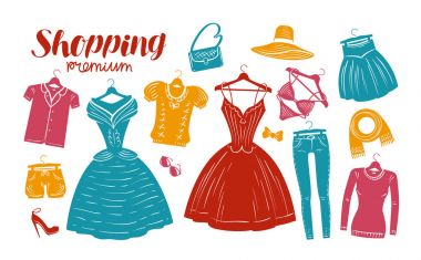 Alışveriş, moda, giyim mağazası, butik afiş. Giyim siluetleri. Vektör çizim