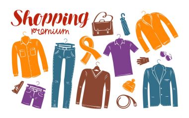 Alışveriş, moda, giyim mağazası, butik afiş. Giyim siluetleri. Vektör çizim