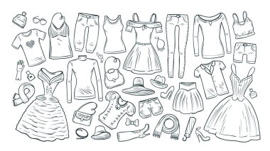 Moda, alışveriş, butik set simgeler. Şık kadın giyim koleksiyonu. Vektör çizim