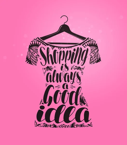 Shopping, boutique banner. Dress on hanger. Handwritten lettering, calligraphy vector illustration — Stock Vector