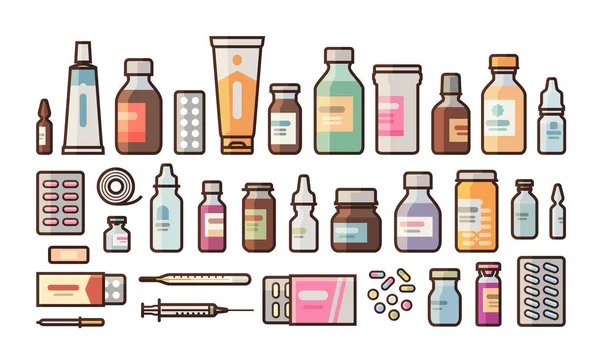 Farmacia, medicamentos, frascos, pastillas, cápsulas establecen iconos. Droguería, medicina, concepto de hospital. Ilustración vectorial en estilo plano — Vector de stock