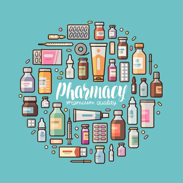 Pharmacie, bannière de pharmacologie. Fournitures médicales, médicaments, médicaments, icônes ou symboles. Illustration vectorielle de lettrage — Image vectorielle