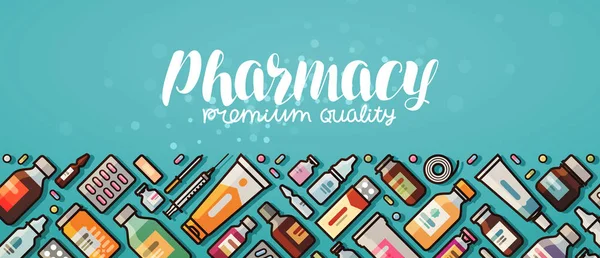 Banner de farmacia. Medicina, suministros médicos, concepto de hospital. Ilustración vectorial en estilo plano — Archivo Imágenes Vectoriales