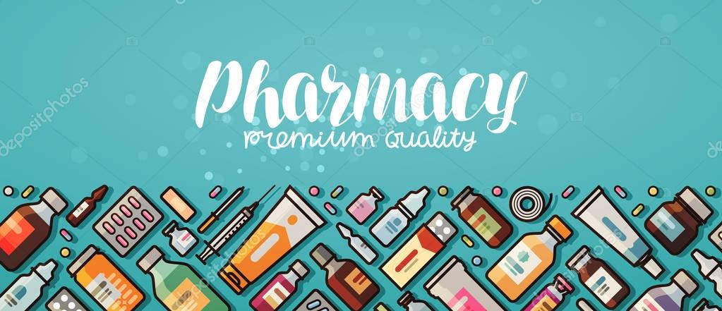 Pharmacy banner. medicine, Medical supplies, hospital concept Vector illustration