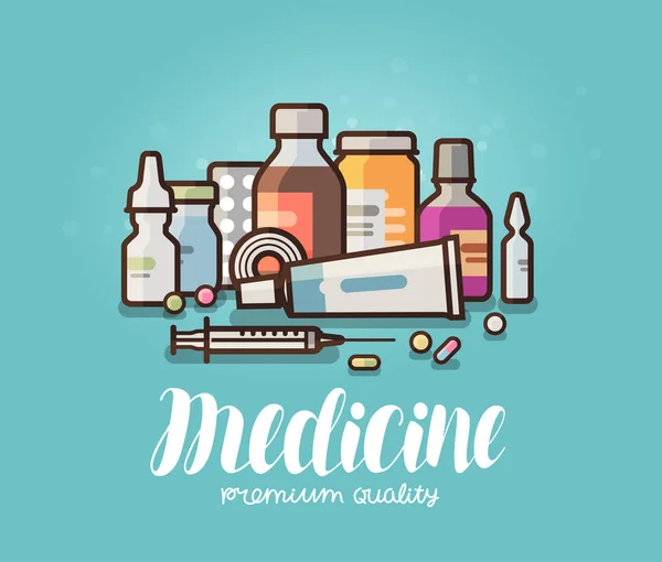 Medicina moderna, banner de farmácia. Medicação, comprimidos, garrafas, conceito farmacêutico. Desenhos animados ilustração vetorial —  Vetores de Stock
