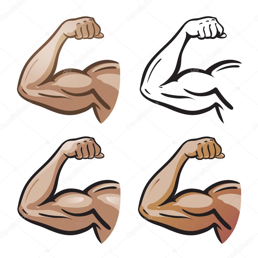 Strong male arm, hand muscles, biceps icon or symbol. Gym, health, protein logo. Cartoon vector illustration isolated on white background