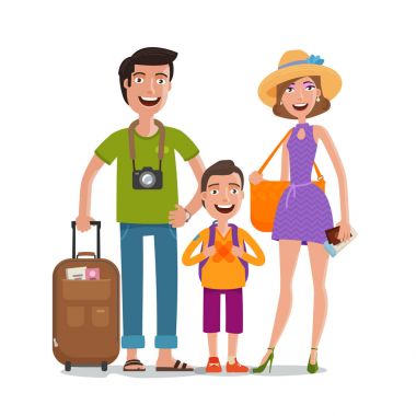 Seyahat, gezi, tatil. Mutlu aile yayılıyor. Çizgi film vektör çizim