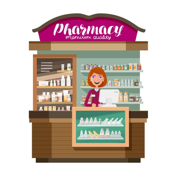 Farmacie, farmacie, drogisterij. Medicijnen, drugs, medicatie concept. Cartoon vectorillustratie — Stockvector