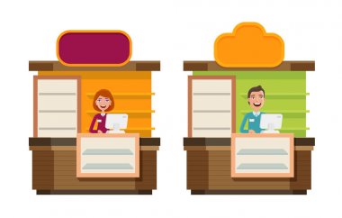 Dükkan, mağaza, sayaç, simge alışveriş. Mağaza, vitrin, Fuar Standı, sergi, Resepsiyon, gösteri kavramı. Çizgi film vektör çizim