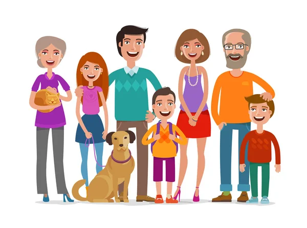 Gran familia feliz. Concepto de grupo de personas, padres e hijos. Dibujos animados vector ilustración — Vector de stock