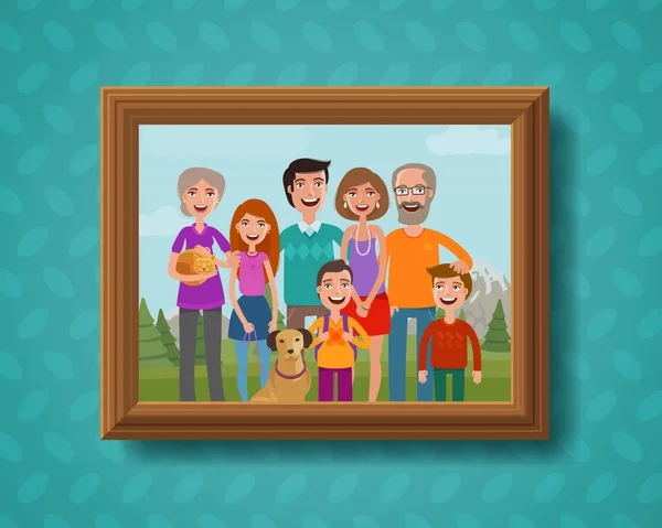 Rodinná fotografie na zdi v dřevěném rámu. Kreslené vektorové ilustrace — Stockový vektor