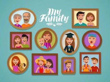 Aile fotoğrafları kare. İnsanlar, ebeveynler ve çocuklar kavramı. Çizgi film vektör çizim