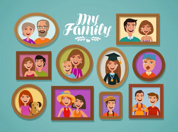 Photos de famille en images. Les gens, les parents et les enfants concept. Illustration vectorielle de bande dessinée — Image vectorielle