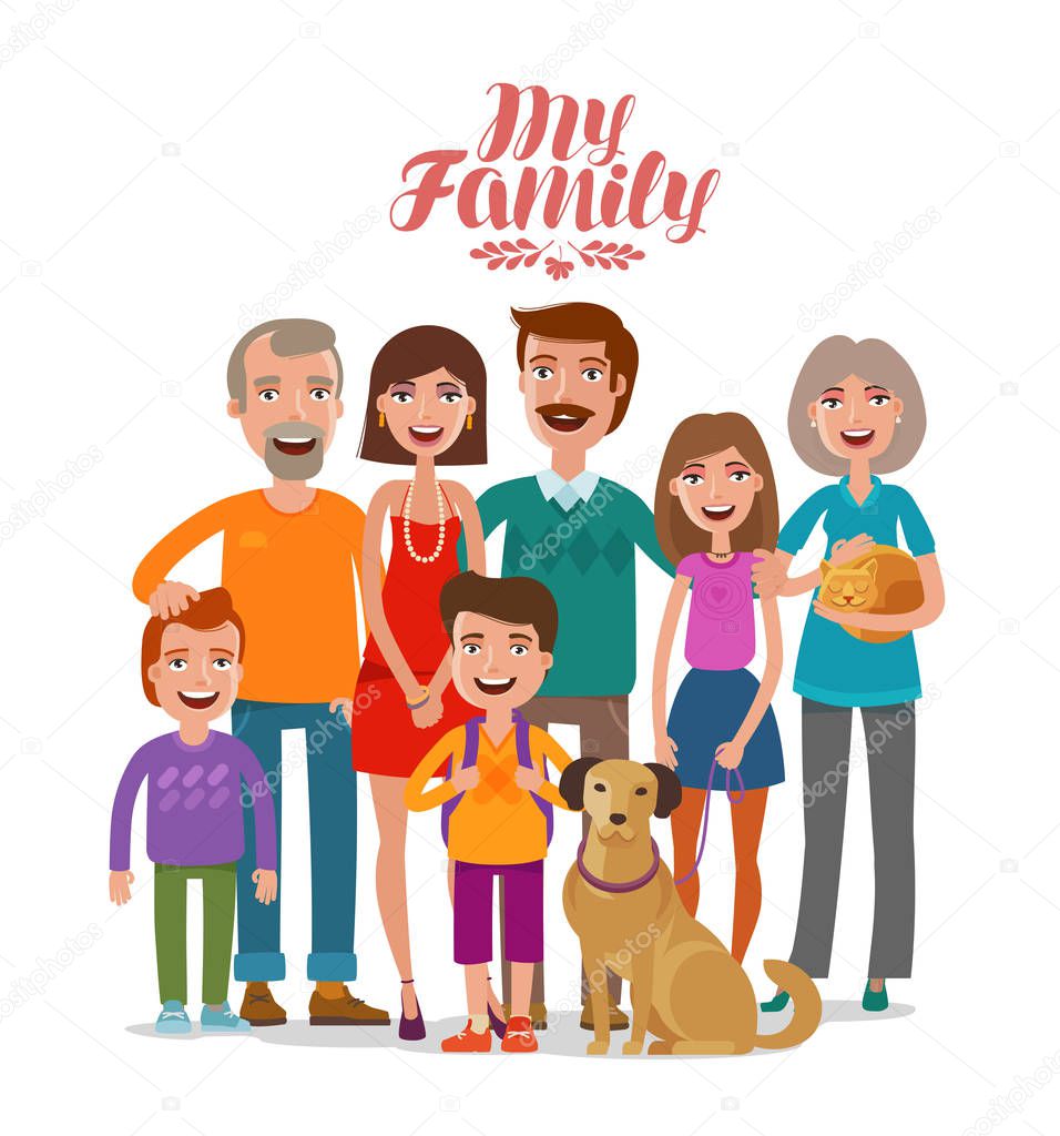 Family portrait. Happy people, parents and children. Cartoon vector illustration