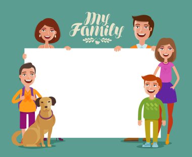 Mutlu aile afiş. Çocuk ve aile, kavram. Çizgi film vektör çizim