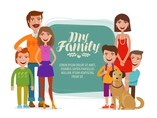 Rodinný nápis. Šťastní lidé, rodiče a děti. Kreslené vektorové ilustrace — Stockový vektor