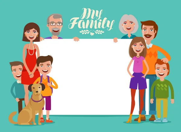 Una gran familia feliz, Banner. Personas, padres e hijos. Plantilla de diseño para invitación o felicitaciones. Dibujos animados vector ilustración — Vector de stock