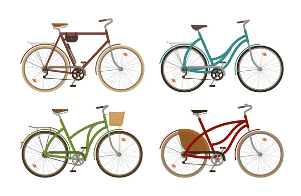 Biciclete clasice, pictograme setate. Bicicletă retro, ciclu, transport. Ilustrație vectorială de desene animate — Vector de stoc