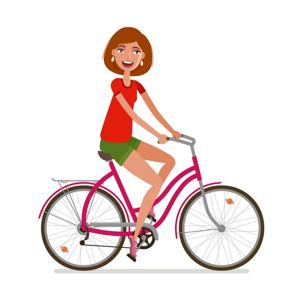 年轻漂亮的女孩骑着自行车。体育、 健身、 积极的生活方式的象征。卡通矢量图 — 图库矢量图片