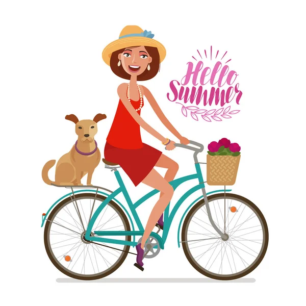 Menina bonita na bicicleta. Fuga perfeita, férias, ícone de viagem. Desenhos animados ilustração vetorial — Vetor de Stock