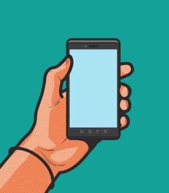 Smartphone, cep telefonu elinde. Çizgi roman tarzı tasarım. Çizgi film vektör çizim