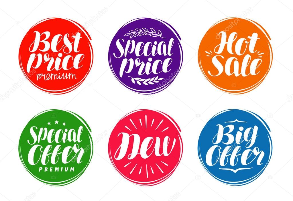 Business label set. Market, marketing, commerce, sale icon or symbol. Handwritten lettering, calligraphy vector illustration isolated on white background