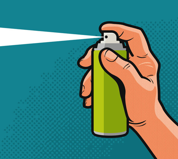 Spray in hand. Comics style design. Cartoon vector illustration