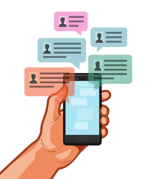 Smartphone, mobiele telefoon in de hand. Chatten, chatbericht, online pratende concept. Vectorillustratie — Stockvector