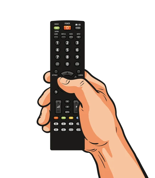 Телевизор пульт управления в руке. Телевидение, видео, кино, концепция кино. Мультфильм-векторная иллюстрация — стоковый вектор