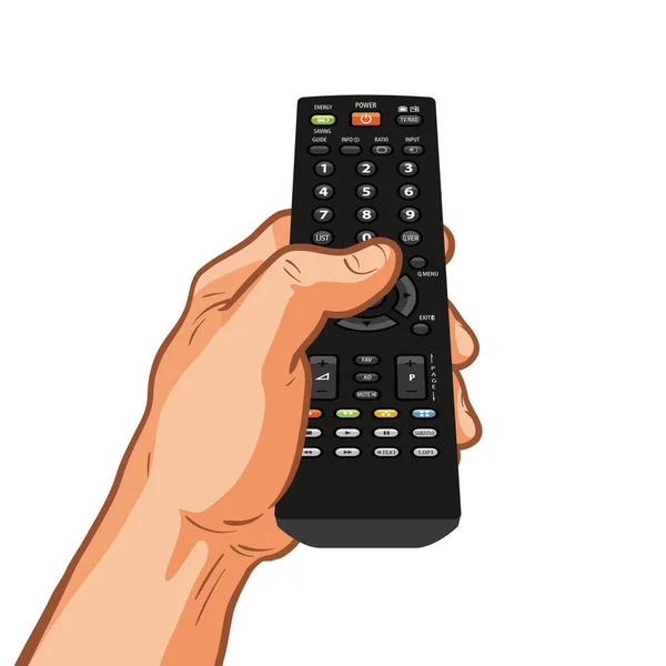 Control remoto de TV en la mano. Ilustración vectorial — Vector de stock