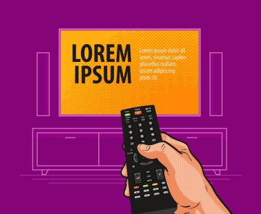 TV, uzaktan kumanda afiş. Video, sinema, Film, film, televizyon reklam kavramı. Çizgi roman illüstrasyon vektör