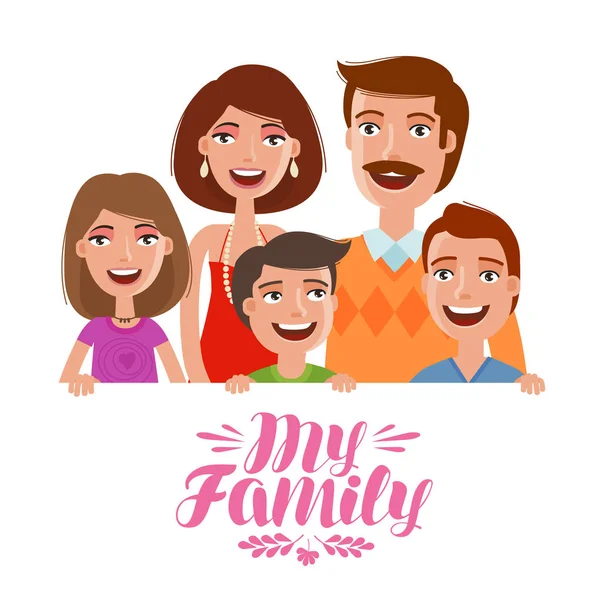 Família feliz. Conceito de pessoas, pais e filhos. Desenhos animados ilustração vetorial —  Vetores de Stock