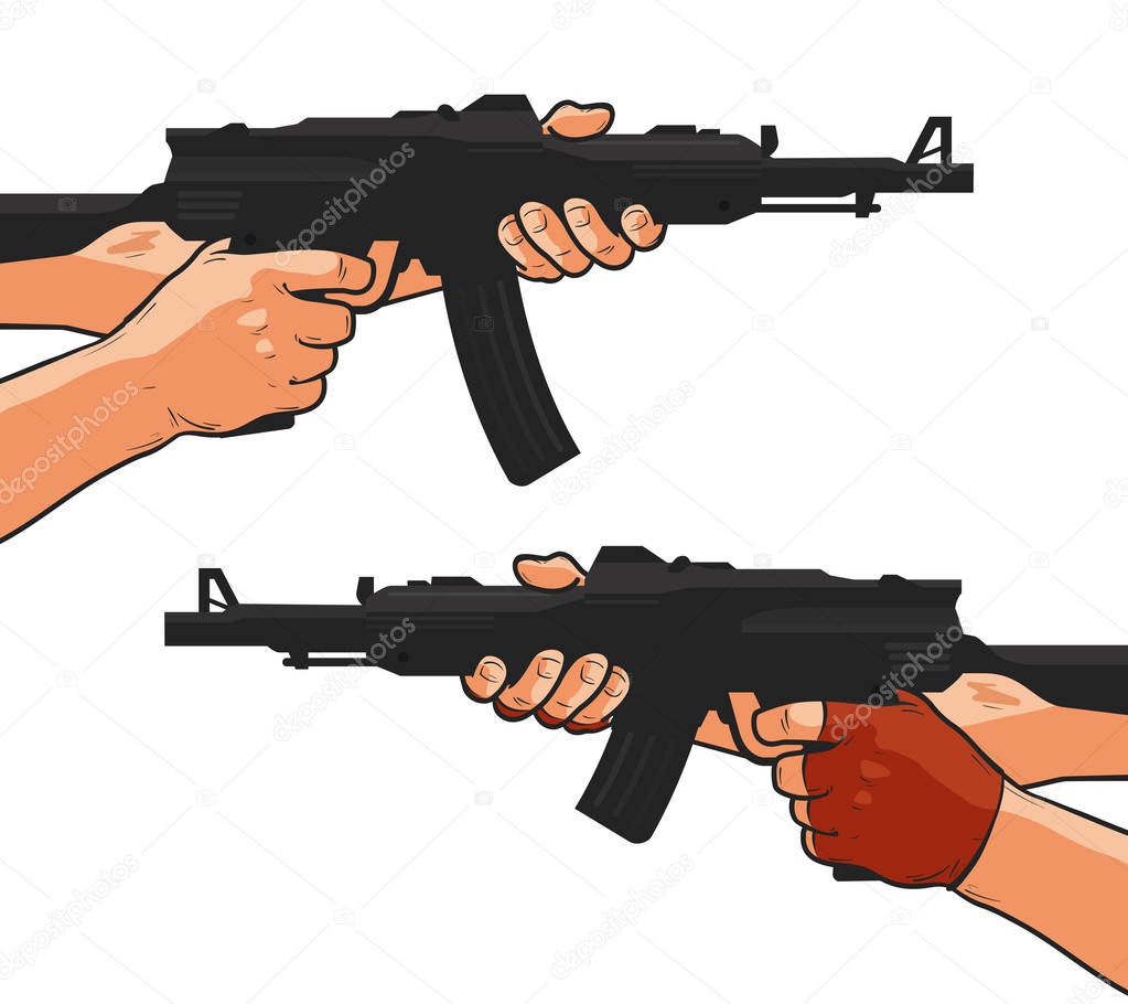 Assault rifle, small arm, machine gun, shotgun. Cartoon comics style vector illustration