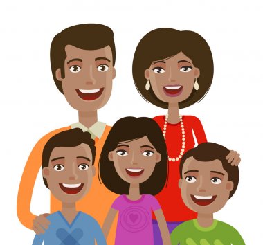 Mutlu neşeli aile portresi. İnsanlar, Aile içi yaşam, veliler ve çocuklar. Çizgi film vektör çizim